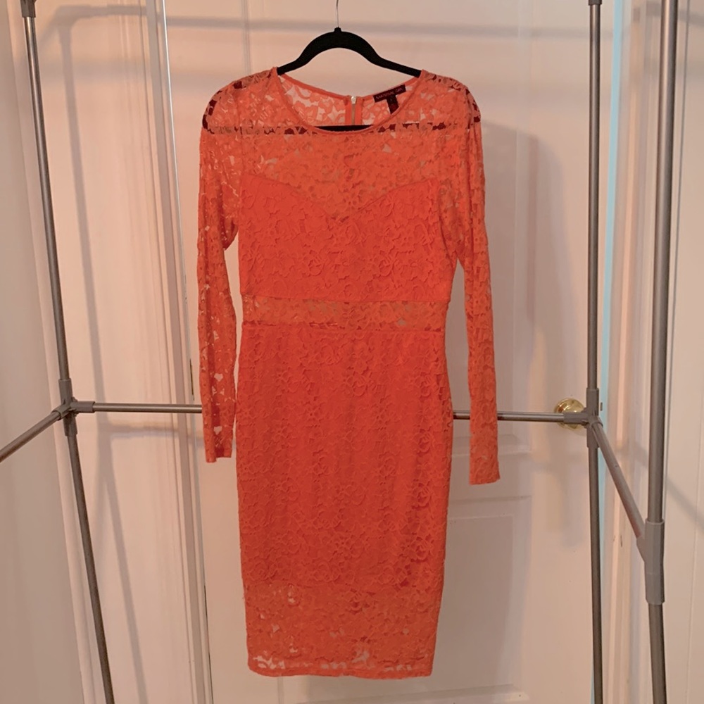 Light Pink/Coral Lace Long Sleeved Material Girl Midi Dress